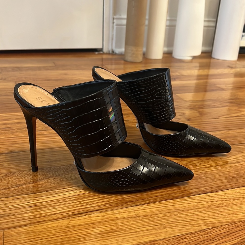 Schutz Quereda Black Mock Crocodile Stiletto Heel Mule size 8.5